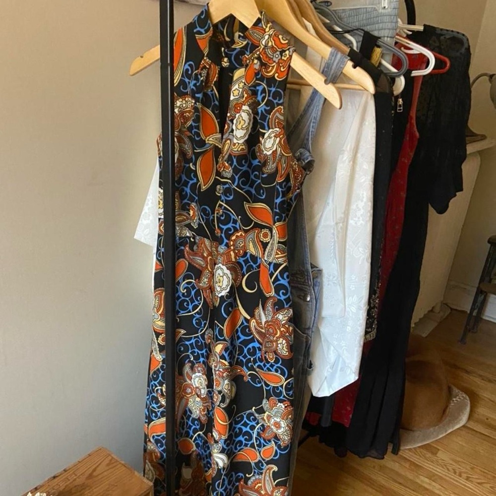Sleeveless Black Floral Print Midi Dress with Orange & Blue Accents